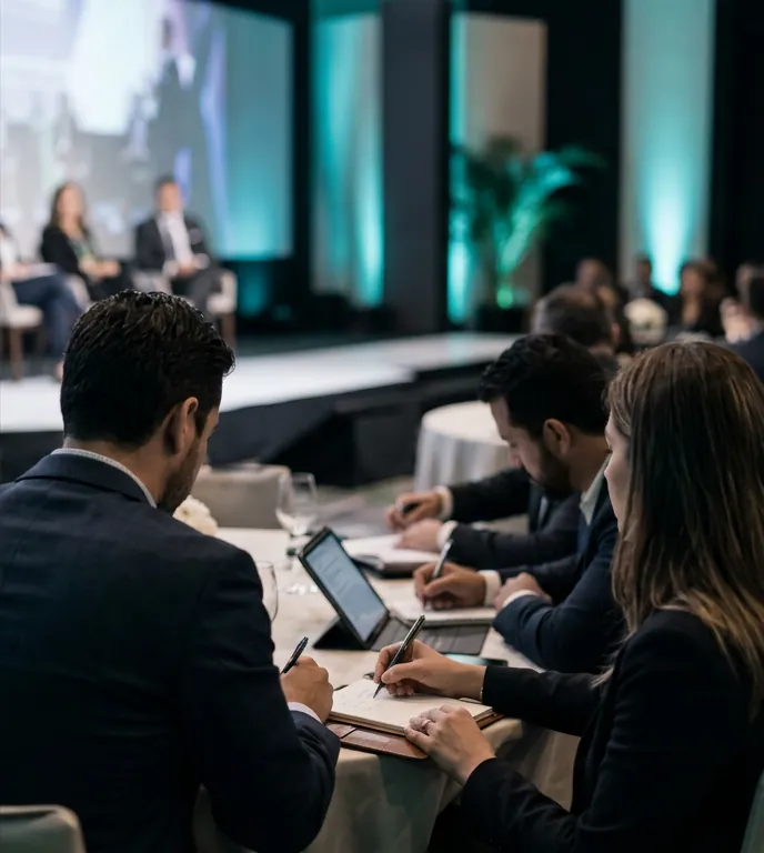 Audiencia ejecutiva tomando notas durante la conferencia