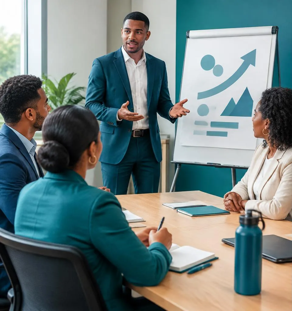 Equipo comercial practicando una presentación de ventas